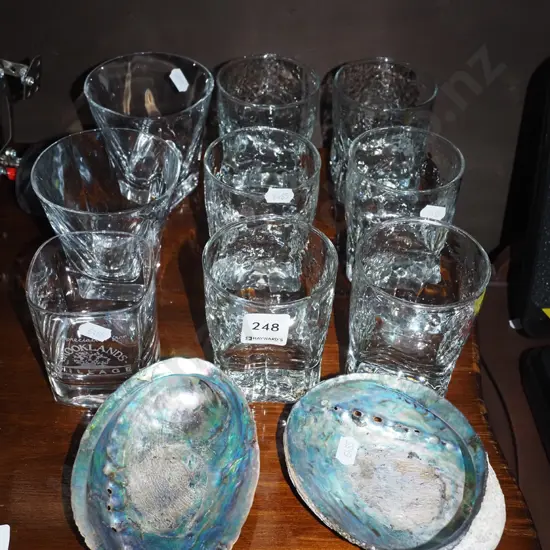 2x paua shells, 9x crystal whisky tumblers