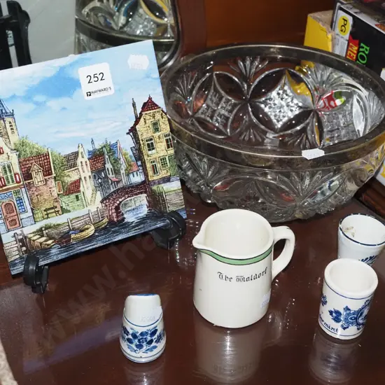 picture tile, plated rimmed glass bowl, jugs etc