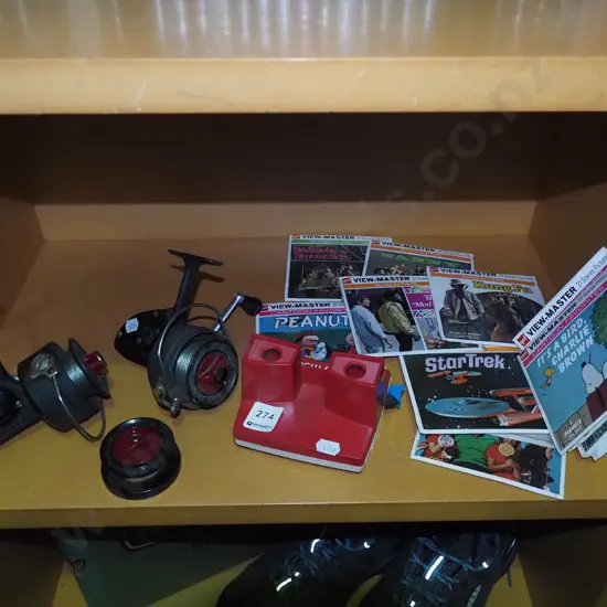 Viewmaster and cartridges, 2x vintage fishing reels - faults