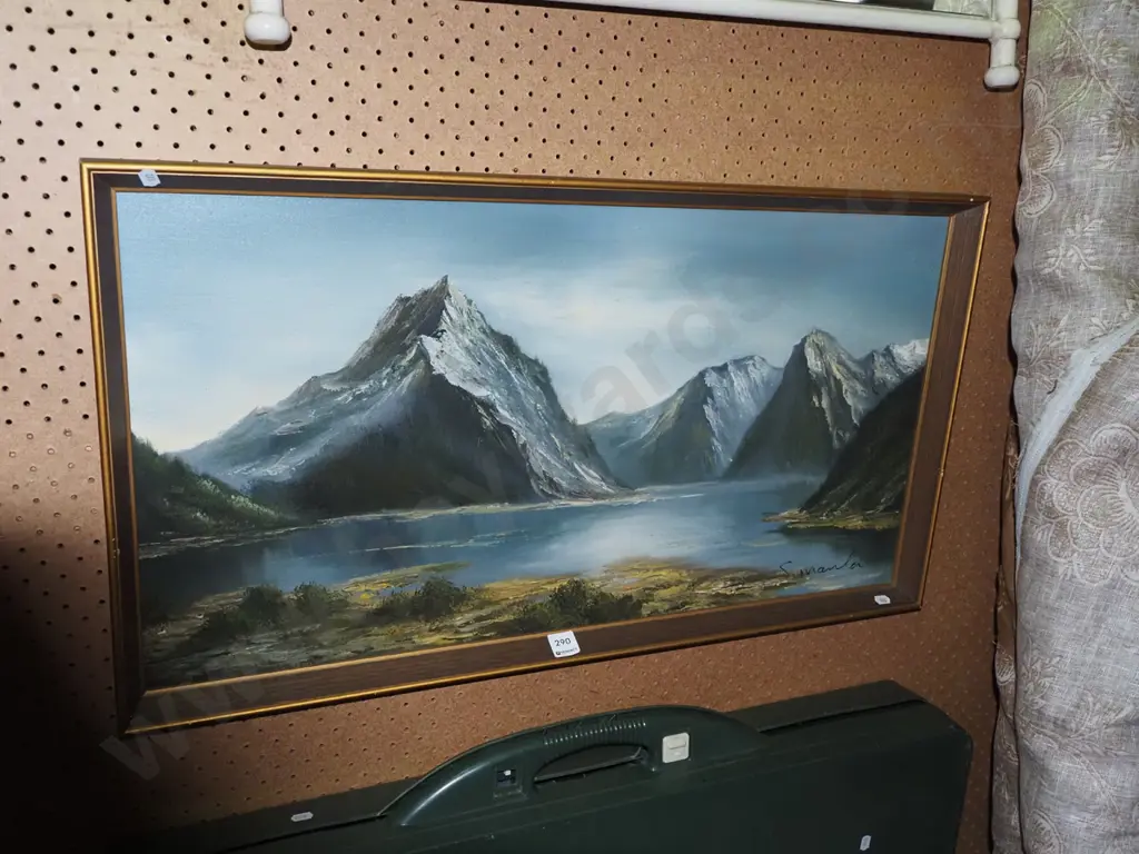 framed oil on board - lake and mountain scene Image 1++