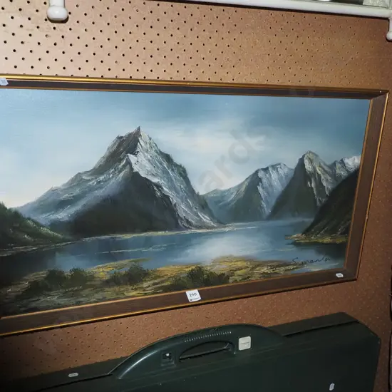 framed oil on board - lake and mountain scene