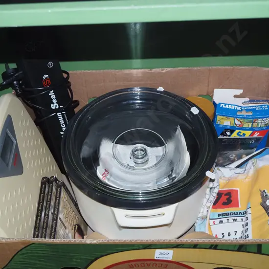 box; tea towels, bathroom scales, slow cooker etc