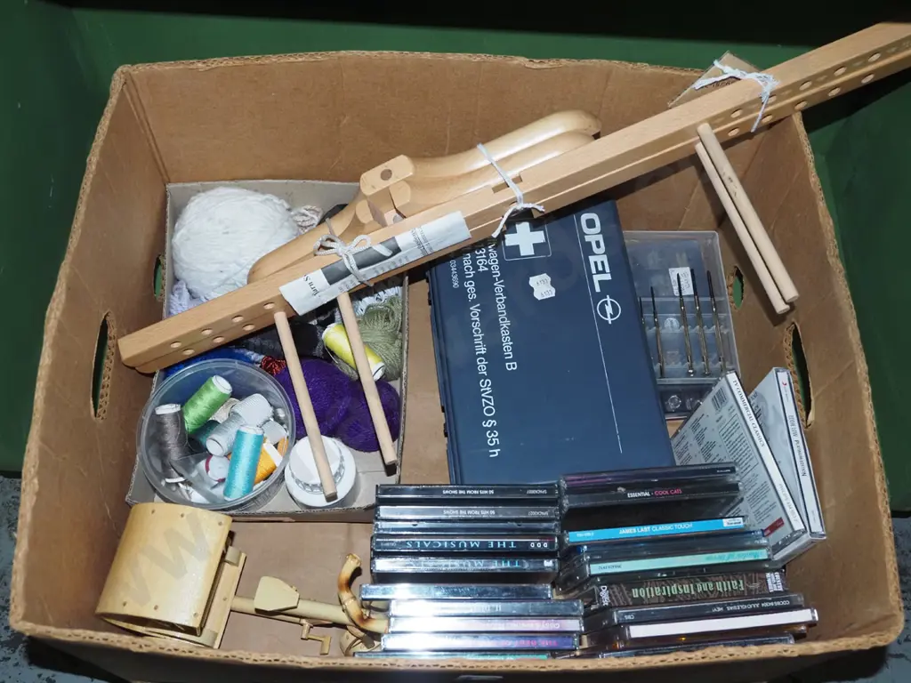 box; CDs, wooden yarn spinner, knitting yarns etc Image 1++