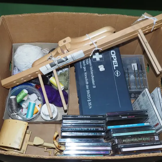 box; CDs, wooden yarn spinner, knitting yarns etc