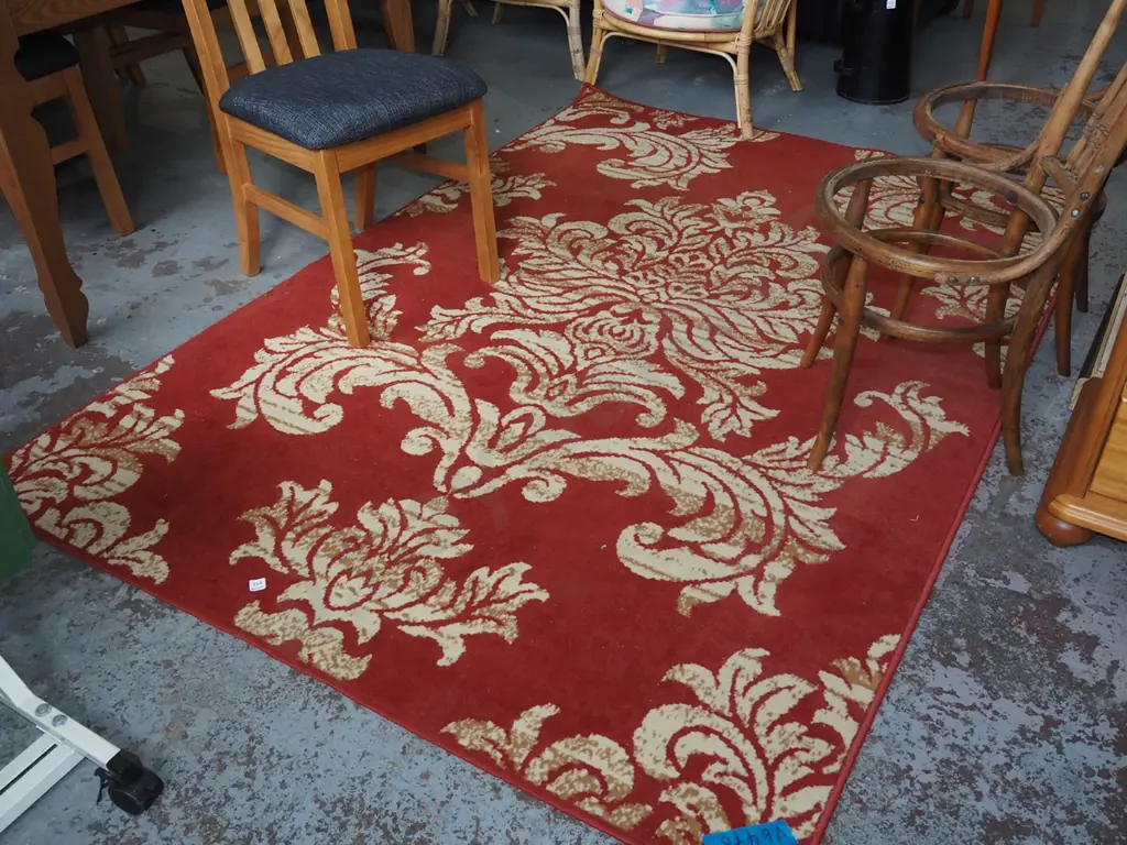 acrylic red and fawn floral patterned edge floor mat L2300 W1600 Image 1++
