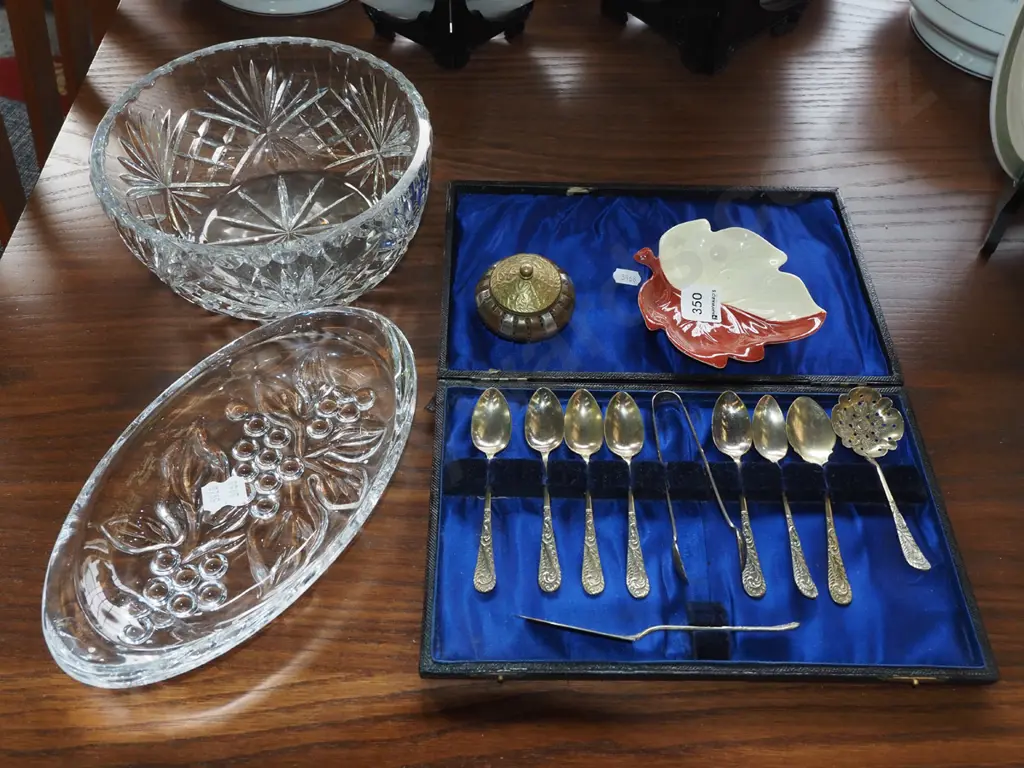 cut crystal bowl, pressed glass bowl, cased cutlery, Carlton ware dish, small trinket box Image 1++