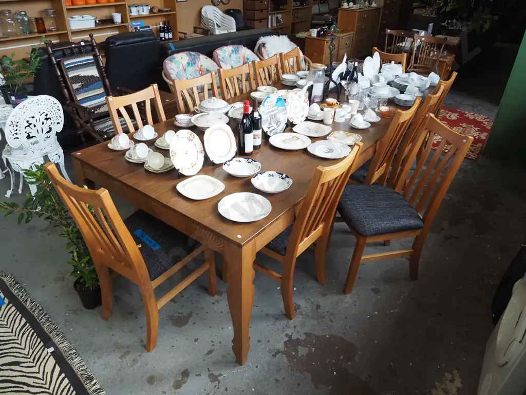 very large solid oak dining table with 12 pine and charcoal upholstered chairs H750 W3000 D1200 Image 1++