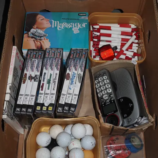 box; DVDs, neck massager, cordless phone etc