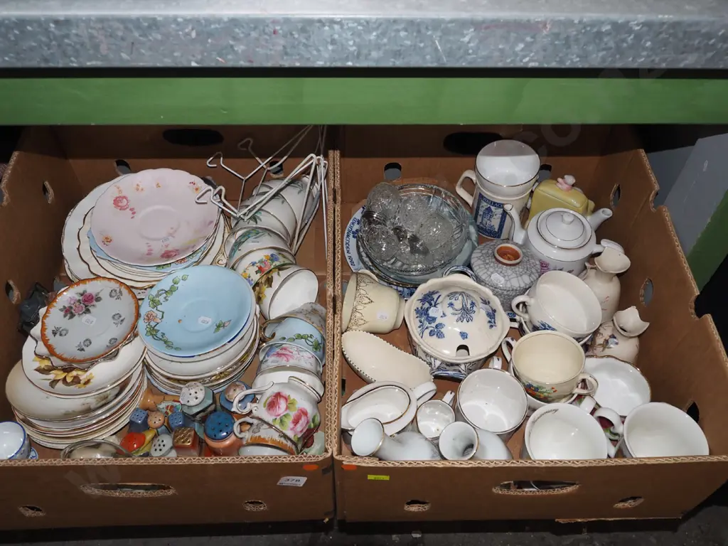 2x boxes of saucers, cups, teapots etc- orange dots Image 1++