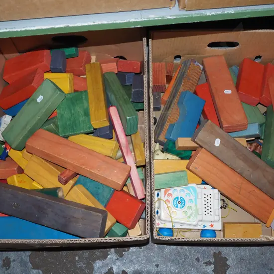 2x boxes of wooden blocks, toy phone - blue dots