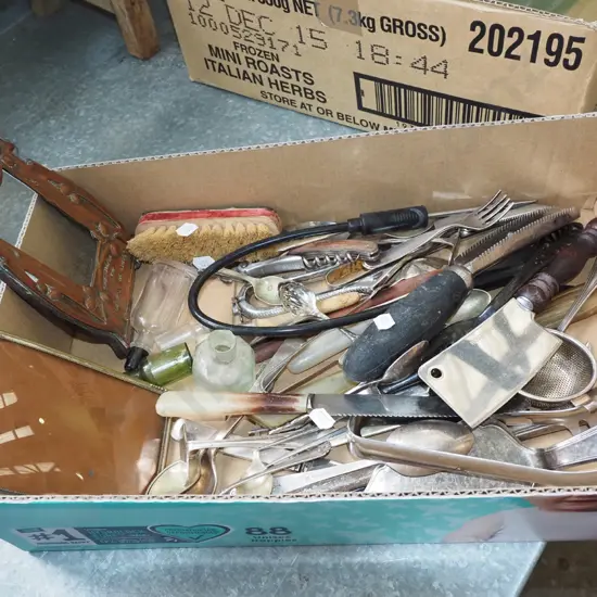 box; kitchen utensils, clothes brush, small beaten copper art nouveau picture frame etc