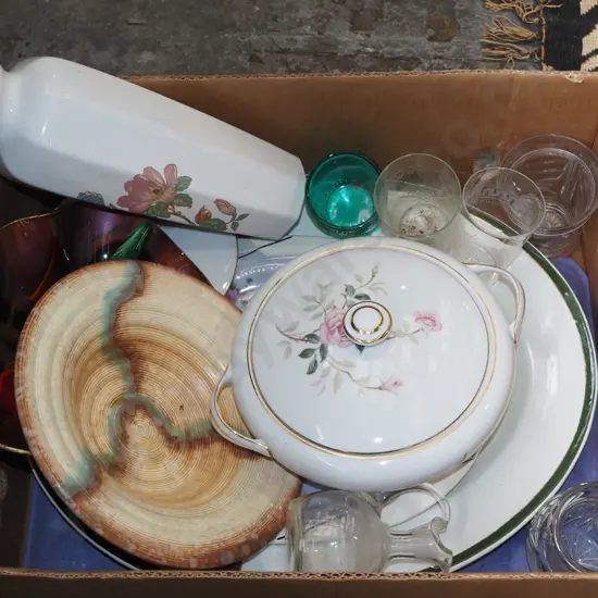 box; ashet, bowls, lidded vege, vases, glass estec
