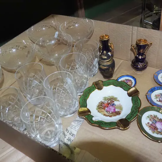box; hollow stemmed etched champagne glasses, whisky glasses, Limoges miniatures