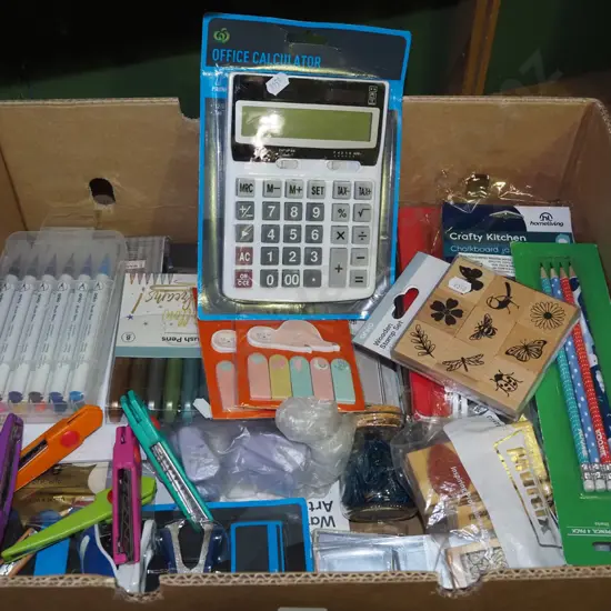 box; crafting stamps, pencils, pens etc