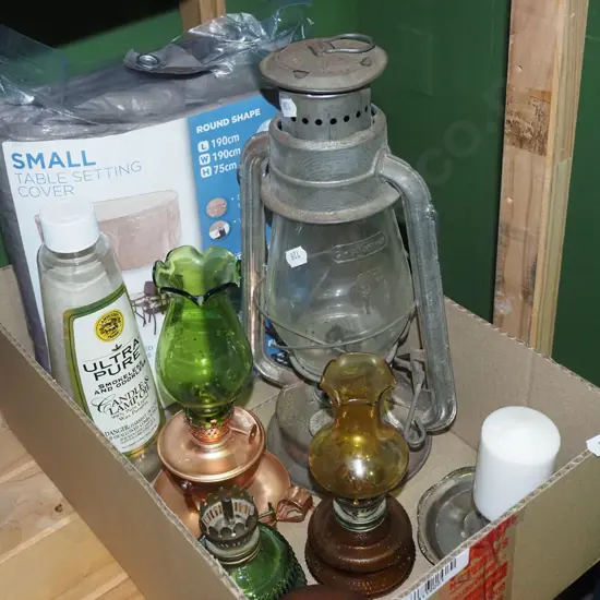 box; outdoor small table setting cover, kerosene lanterns etc