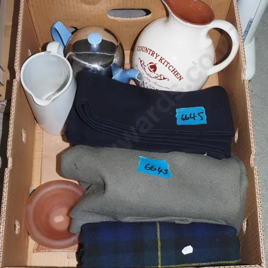 box; fabric pieces, water jug, teapot etc
