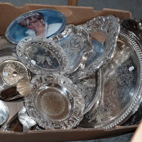 box of plated ware; trays, coasters etc