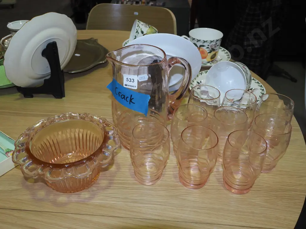 pink glass bowl, etched water jug, tumblers Jug -crack H200 Image 1++