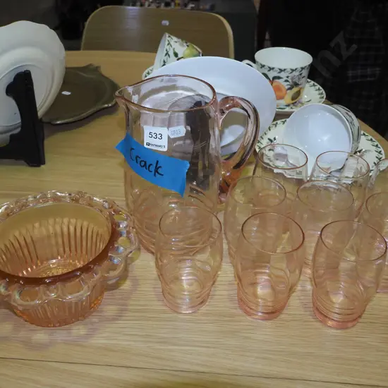 pink glass bowl, etched water jug, tumblers Jug -crack H200