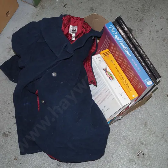 box; yoga books, childs winter coat