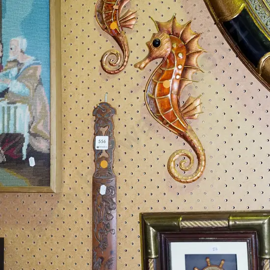 carved wooden Asian stirrer/ 2x pressed metal sea horses - orange dots