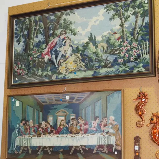 2x tapestries - romance scene, last supper - blue dots