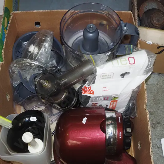 box; Kenwood kitchen whiz and accessories, Neo juicer