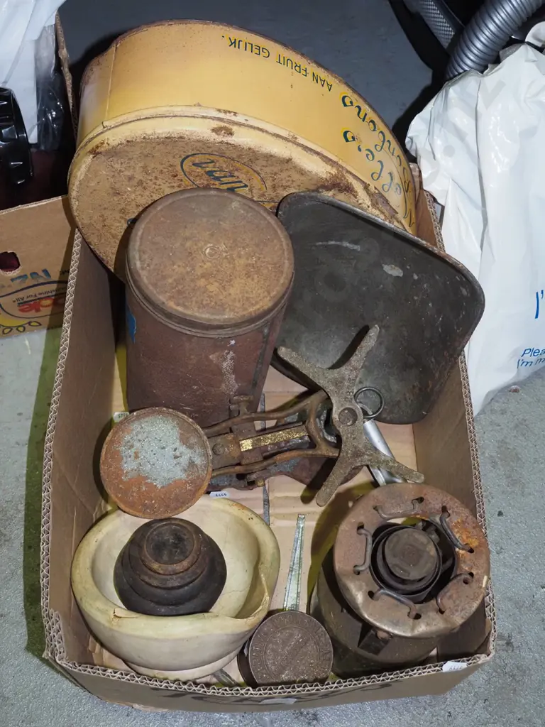 box; vintage tin, scales, primus stove etc Image 1++