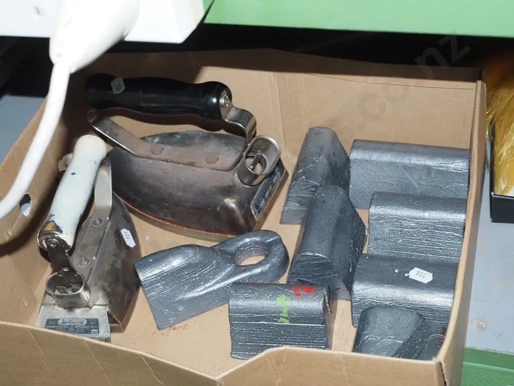box; early electric irons, leg weights Image 1++