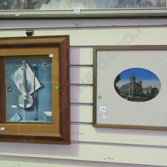  framed 3D paper voilin, framed St Dominics Priory Dunedin print