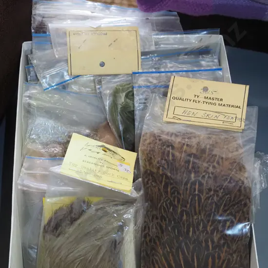 box; various fly tieing 