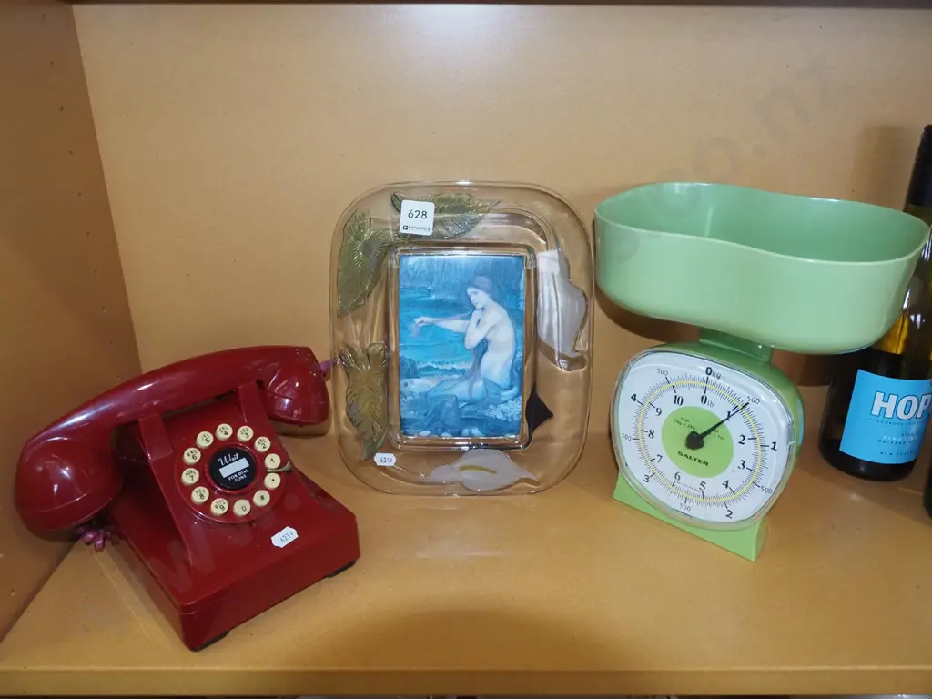 push button phone, kitchen scales, glass lily photo frame with mermaid print Image 1++