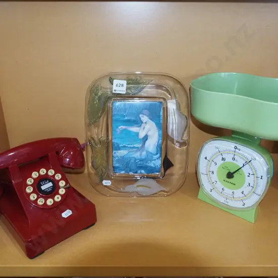 push button phone, kitchen scales, glass lily photo frame with mermaid print