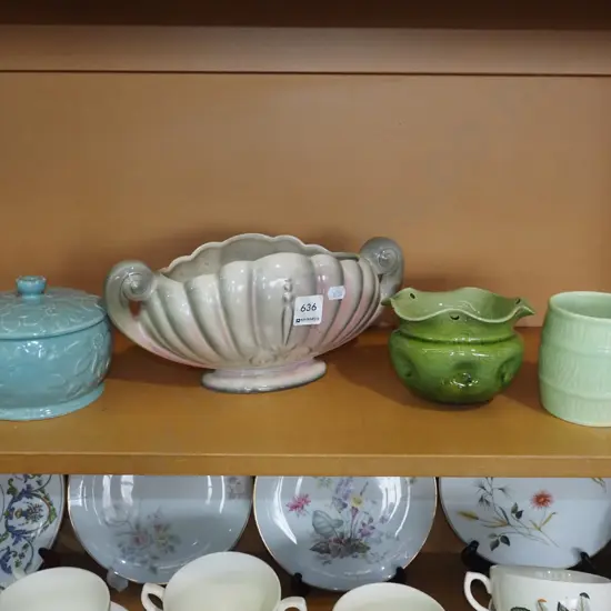 shelf; vases, hanging jardiniere etc
