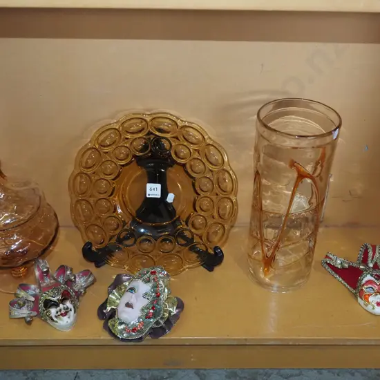 amber glass plate, vase, lidded comport, miniature Venetian masks etc Vase H320