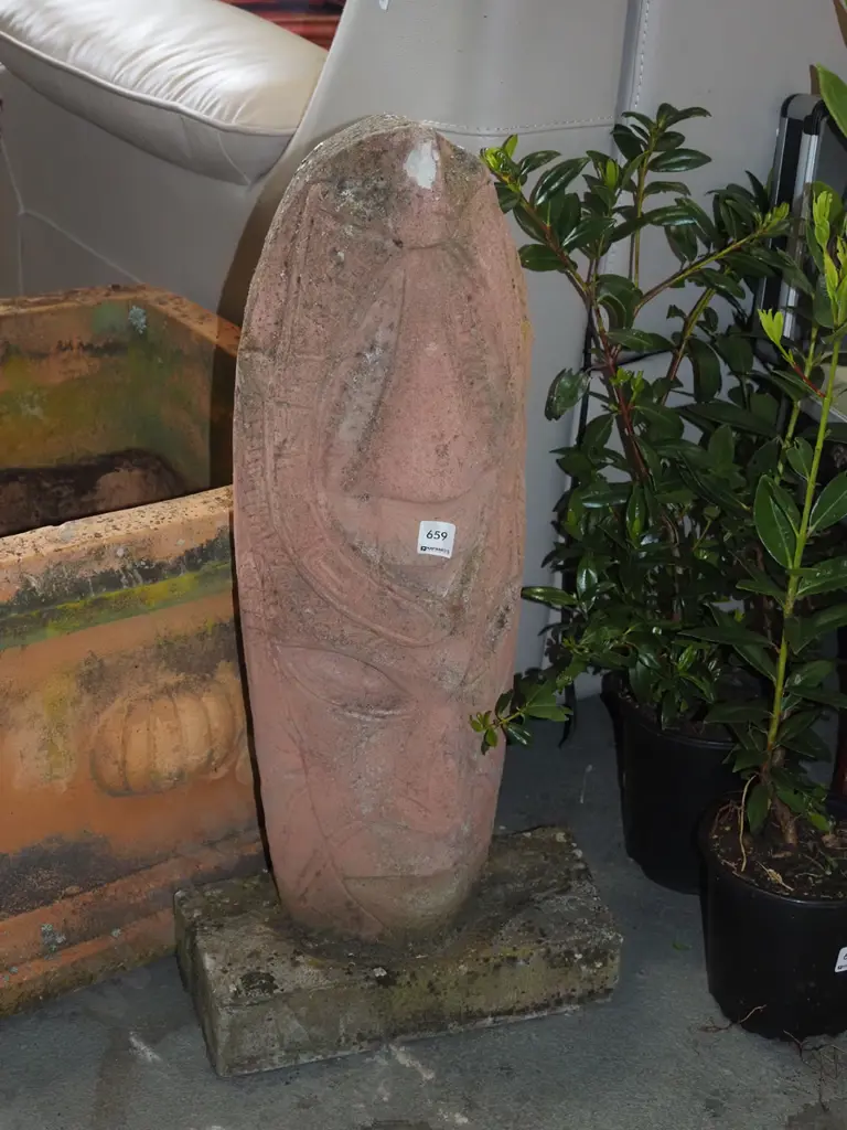 cast concrete garden sculpture - ethnic mask on stand H730 Image 1++