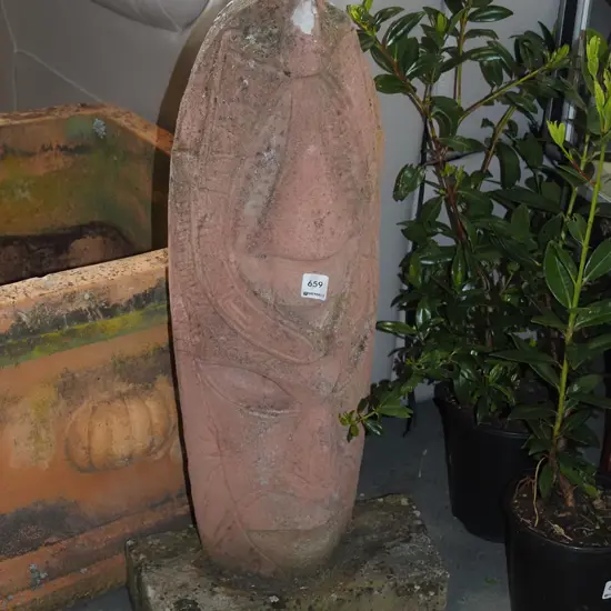 cast concrete garden sculpture - ethnic mask on stand H730