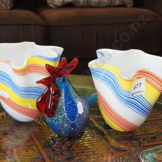 2x multi coloured glass bowls, studio glass chicken H130