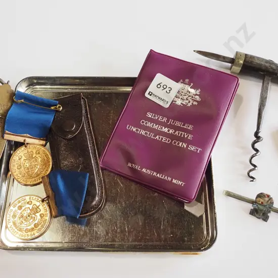 tray; coins, medals, spring scales  etc