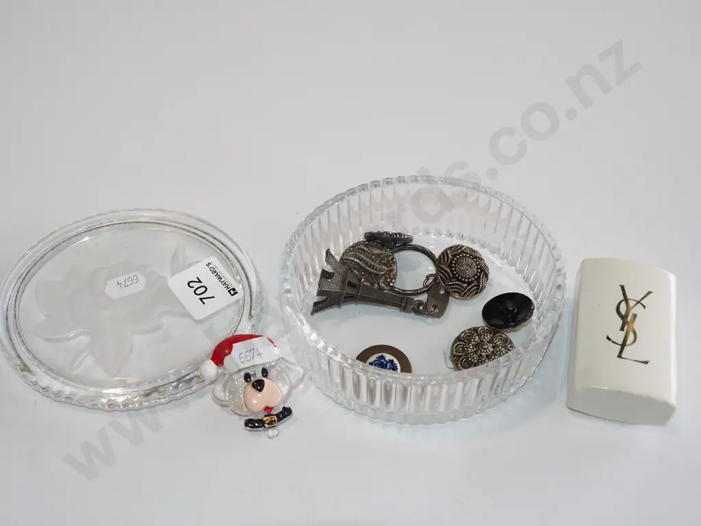 pressed crystal trinket box; buttons, dog badge, soap etc Image 1++