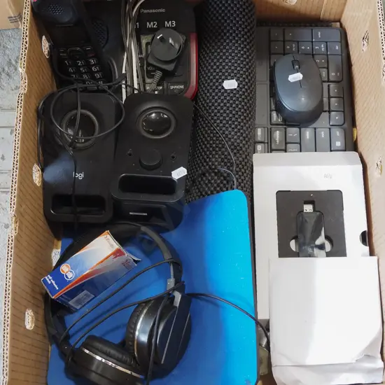 box; computer speakers, headphones, usb drive etc