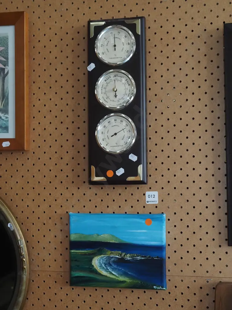 wall mounted barometer/thermometer/hydrometer, small oil on boxed canvas - Karitane - orange dots Image 1++