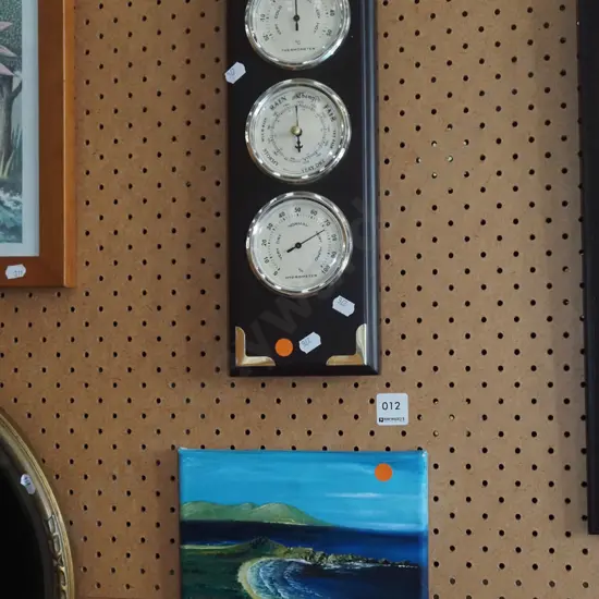 wall mounted barometer/thermometer/hydrometer, small oil on boxed canvas - Karitane - orange dots