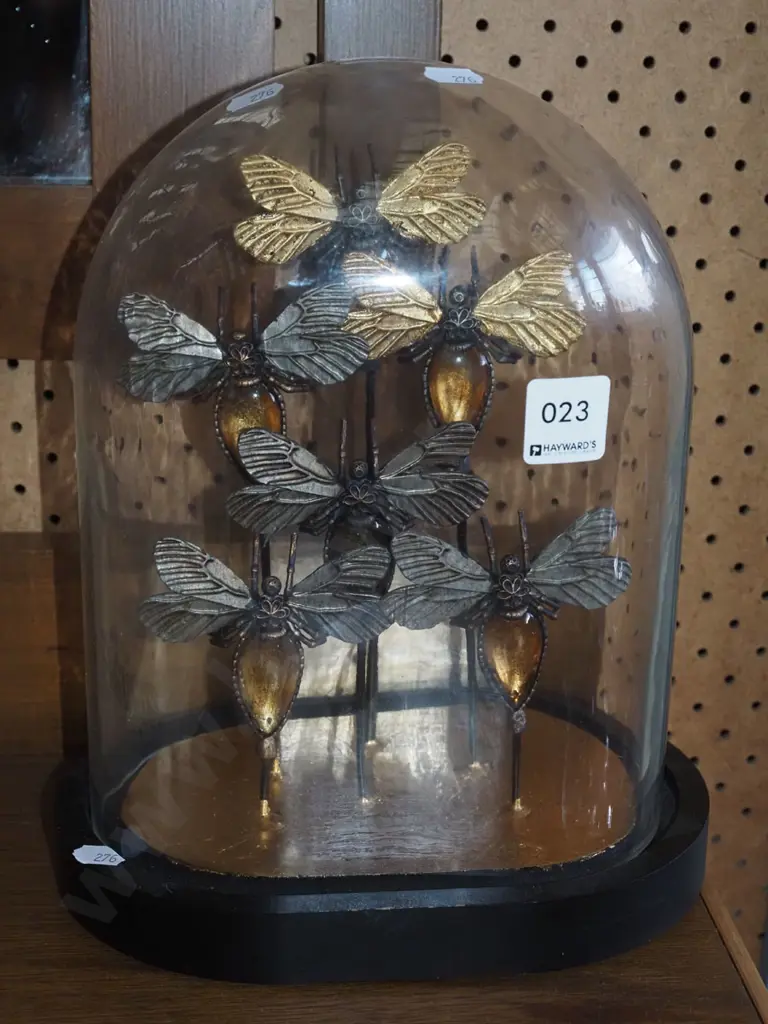 6x metal and glass insect figurines under glass dome H276 Image 1++