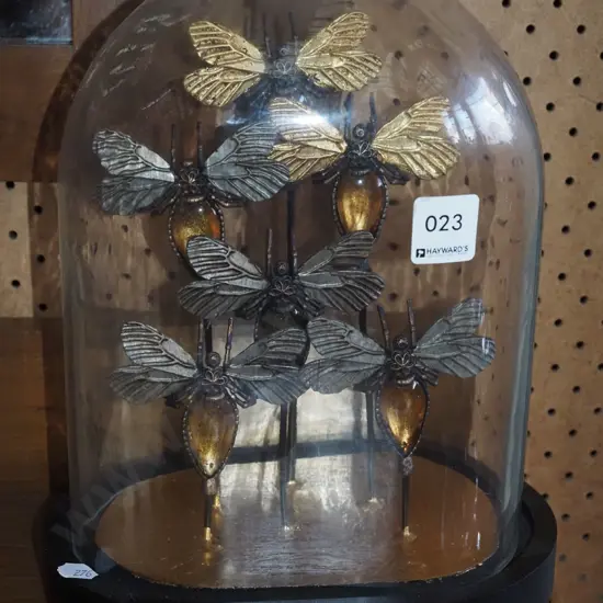 6x metal and glass insect figurines under glass dome H276