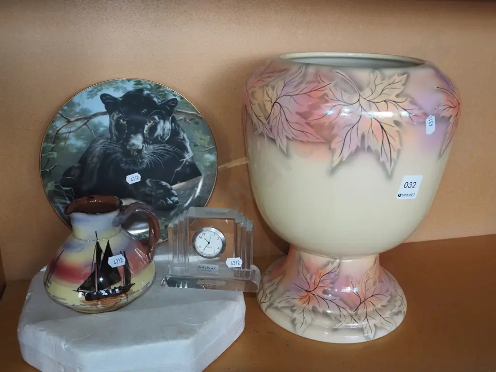 ceramic footed hand painted jardiniere, panther plate, jug, small mantle clock H300 Image 1++