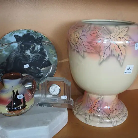 ceramic footed hand painted jardiniere, panther plate, jug, small mantle clock H300
