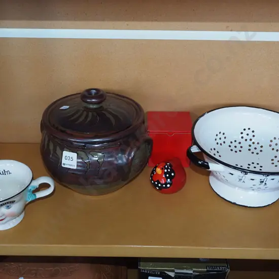 cup, pottery casserole, colander, happy hen