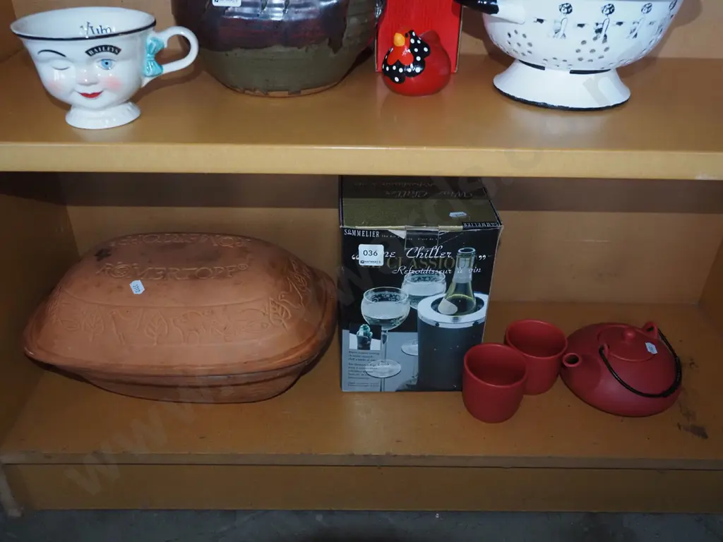 terracotta lidded baker, teapot, cups, wine cooler Image 1++