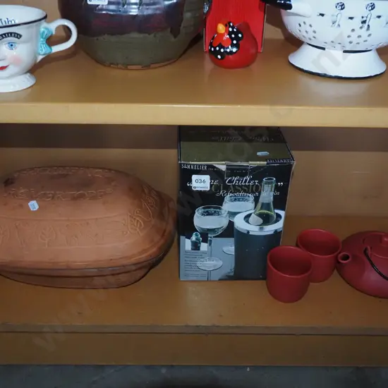 terracotta lidded baker, teapot, cups, wine cooler